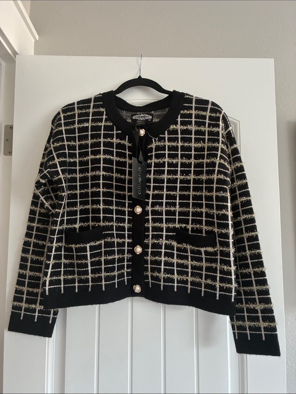 Nordstrom Black and Cream Grid Knit Cardigan. -c